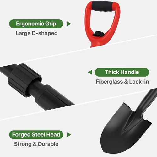 Vista 9 de Pala, palas para excavar, pala de jardín de 33 pulgadas resistente con agarre ergonómico en D, pala pequeña para camping, bordes, todoterreno, mini