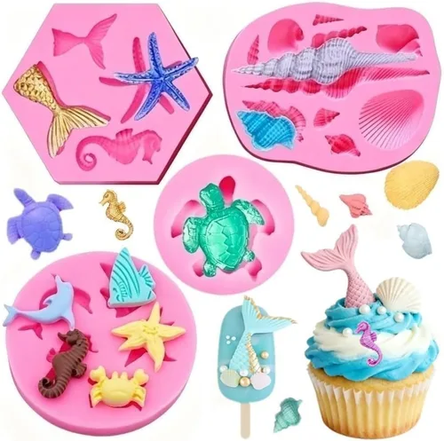 Vista 8 de Molde de silicona para tartas con temática de sirena, concha, estrella de mar, cola de sirena, molde para cupcakes para dulces, chocolate, fondant
