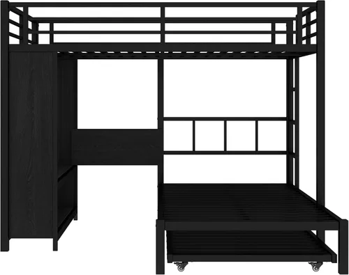 Vista 5 de Full Over Twin Bunk Bed with Trundle and Ladders, Metal Bunk Bed Frame with Built-in Foldable Desk & Wardrobe, Space-Saving Beds for Kids Teens