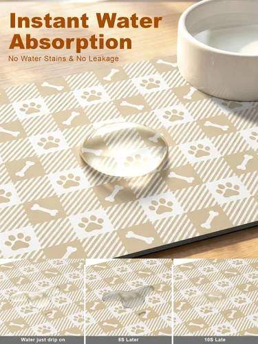 Vista 3 de Tapete de comida para perros, tapete absorbente para alimentación Patas de perro beige