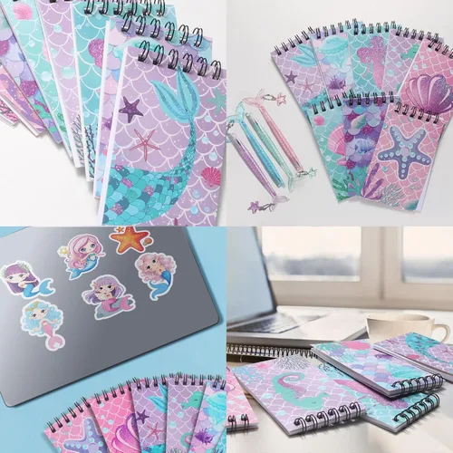 Vista 6 de LiYiQ Juego de 148 calcomanías de papel de sirena para regalo de devolución, mini cuadernos, bolígrafos, calcomanías para suministros de cumpleaños