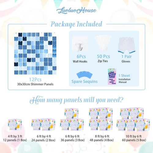 Vista 7 de 12 paneles cuadrados de lentejuelas brillantes para pared color azul claro (Baby Blue) telón de fondo decorativo para fiestas de bodas