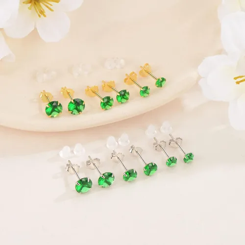 Vista 5 de Aretes de esmeralda chapados en oro amarillo o platino, plata de ley y circonita cúbica verde, aretes de tuerca para mujeres y niñas, joyería
