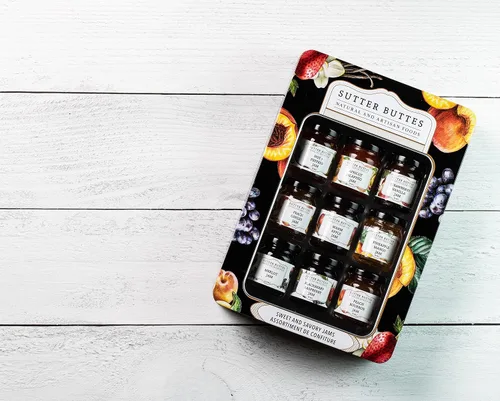 Vista 2 de Sutter Buttes Sweet and Savory Jams - Lata de regalo surtida, 9 sabores, tarro de 2 onzas cada uno, 18.0 onzas