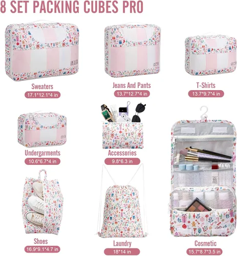 Vista 2 de Veken Juego de 8 cubos de embalaje para niños de viaje, accesorios esenciales de vacaciones en la playa para cruceros, bolsas organizadoras