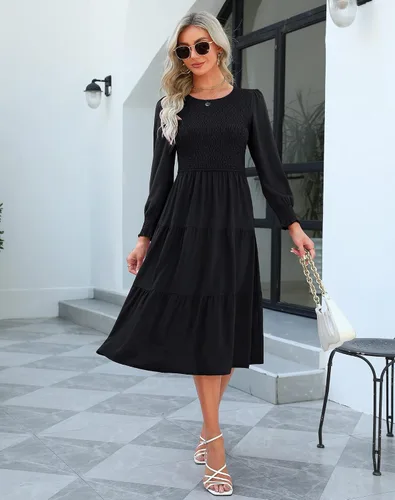 Vista 2 de Zattcas Vestido de otoño de manga larga para mujer 2023, corpiño fruncido y puños con lunares suizos, cuello redondo, escalonado, modesto, casual