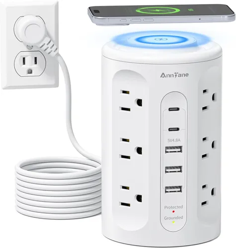 Vista 8 de Torre de tira de alimentación AnnTane con luz nocturna, tira de alimentación con protector de sobretensiones y puertos USB, cable de extensión de 10
