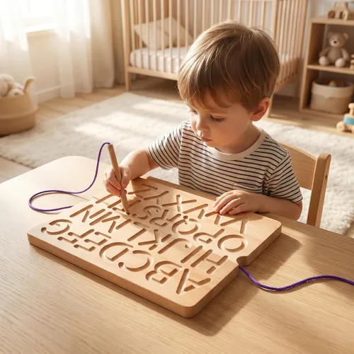Vista 6 de Tabla de seguimiento de números y letras, tablero sensorial portátil de madera para aprendizaje del alfabeto, juguetes Montessori para niños de 3 a
