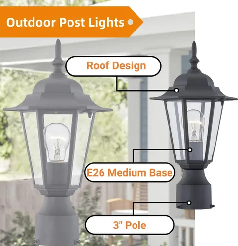 Vista 3 de WISBEAM Luz de poste para exteriores, linterna de poste, base E26 de 60 W máximo, carcasa de aluminio más vidrio, clasificación de ubicación húmeda