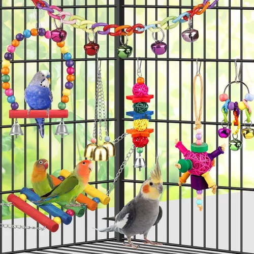 Vista 4 de Juguetes para pájaros para cotorras con escalera colorida, hamaca, accesorios para jaula de pájaros, percha para pájaros, juguetes para masticar