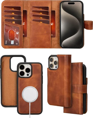 Vista 17 de Bayelon Estuche tipo billetera para iPhone 15 Pro, cartera de cuero desplegable de tres pliegues, cubierta tipo folio magnética desmontable, soporte