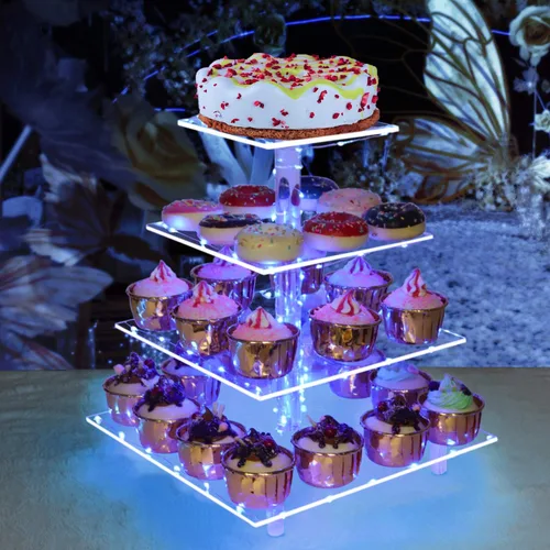 Vista 2 de weddingwish Soporte para cupcakes, soporte cuadrado de acrílico de 4 niveles con cadena de luces LED, torre de postre para pastelería