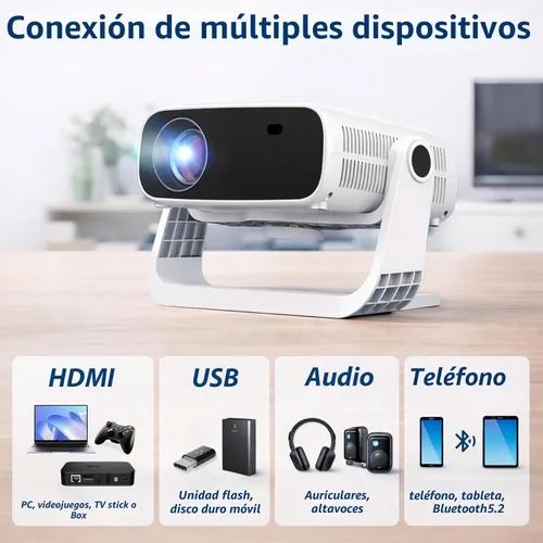 Vista 9 de Wielio Proyector inteligente 2026 Android TV con WiFi 6 y Bluetooth 5.0 integrado más de 1000 aplicaciones 240 ANSI portátil para dormitorio, mini