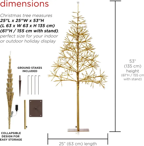 Vista 3 de Alpine Corporation Árbol de Navidad artificial festivo para interiores y exteriores de 53 pulgadas de alto con luces LED blancas cálidas, dorado