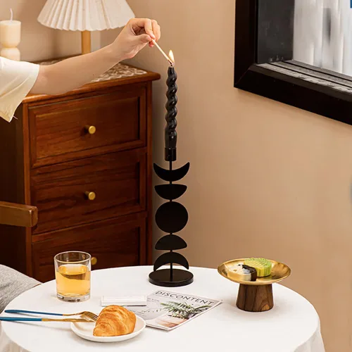 Vista 6 de Portavelas cónico de hierro, negro mate, portavelas alto con estrella y luna, soporte decorativo para velas para bodas, mesas de comedor, fiestas