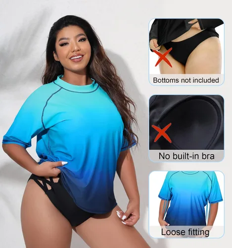 Vista 4 de Halcurt Camiseta de natación de manga corta para mujer, talla grande, ajuste holgado, UPF 50