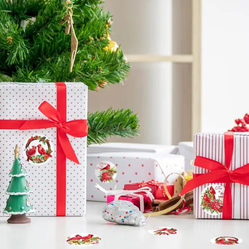 Vista 5 de Whaline 1000 calcomanías de Feliz Navidad, 8 diseños, calcomanías de pájaro rojo cardenal, calcomanías decorativas de Navidad, calcomanías