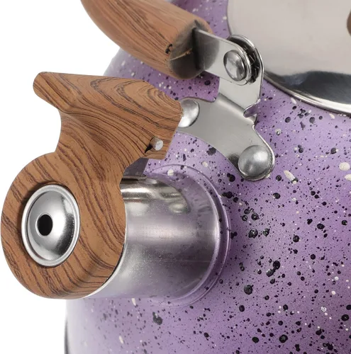 Vista 4 de Tetera de té silbante, hervidor de agua de acero inoxidable con mango de madera, cubierta de boquilla de bloqueo, camping para inducción de gas
