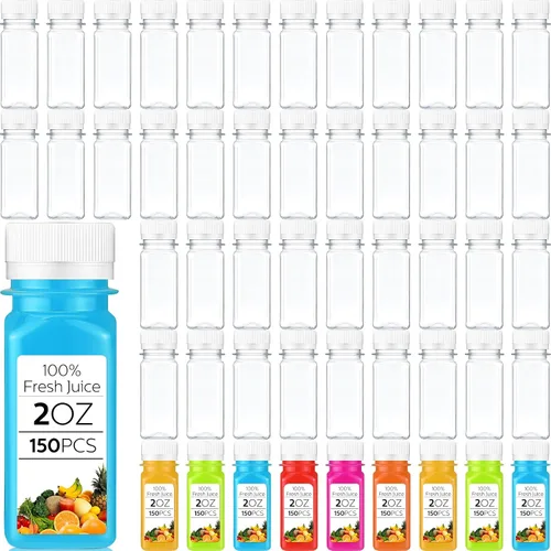 Vista 8 de Sliner 150 botellas de plástico transparente de 2 onzas, mini botella de jugo con tapa de rosca, pequeño frasco de líquido vacío, reutilizable