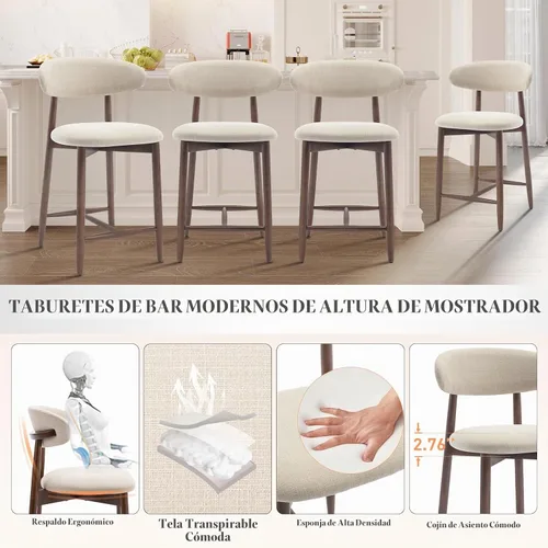 Vista 4 de Taburetes de bar tapizados de altura de mostrador, sillas de isla de cocina con respaldo, taburetes de mostrador modernos con patas de madera