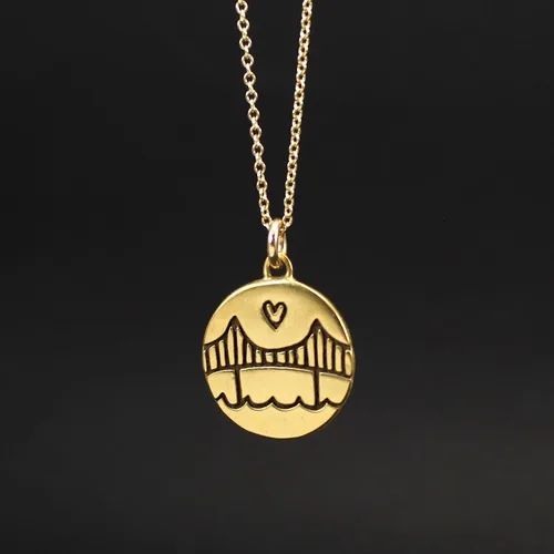 Vista 3 de Mark Poulin Small Gold Dipped Sterling Silver Golden Gate Bridge Necklace on 18 inch Gold Filled Chain for Women and Girls