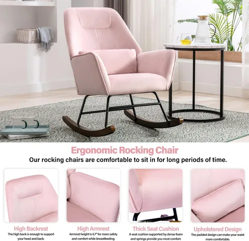 Vista 5 de Silla mecedora para el cuarto del bebé, sillón mecedor de terciopelo cargado, cómodo, silla mecedora moderna de madera maciza con patas para leer
