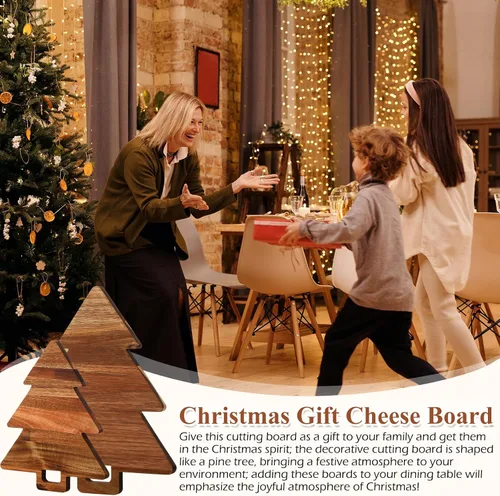 Vista 5 de Lallisa Tabla de madera para charcutería de árbol de Navidad con asas, tabla de cortar de acacia para cocina, queso, fruta, pan, aperitivos