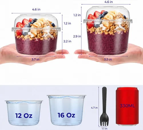 Vista 3 de 100 juegos de cuencos Acai de 16 onzas con tapas de cúpula y Transparente