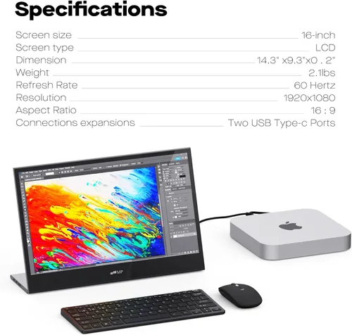 Vista 3 de Mobile Pixels Glance - Monitor portátil para laptop, pantalla FHD 1080P de 16 pulgadas, monitor portátil USB-C y HDMI, monitor de viaje