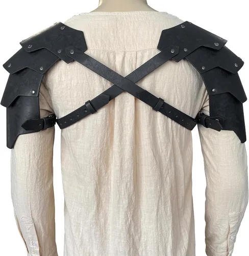 Vista 2 de HiiFeuer Hombrera doble medieval de piel sintética, armadura de hombro de caballero mercenario vintage para LARPCosplay Ren Faire