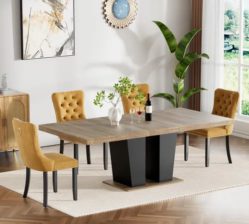 Vista 26 de Juego de mesa de comedor extensible de 5 piezas con 4 sillas de tela, mesa extensible marrón con base negra, juego moderno de comedor de madera