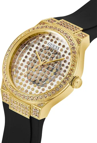 Vista 5 de GUESS Reloj para mujer de 1.535 in - Correa negra con esfera transparente de caja dorada, Negro -, Moderno