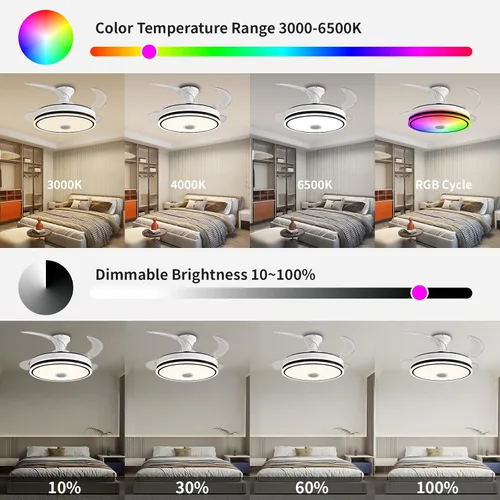 Vista 5 de Ventilador de techo retráctil de 42 pulgadas con luces, ventilador de techo inteligente con altavoz Bluetooth, control de aplicación, cambio