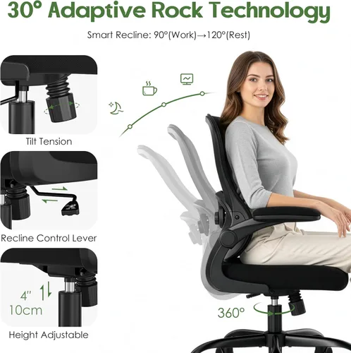 Vista 6 de Silla de oficina ergonómica – Silla de escritorio ergonómica – Silla de oficina cómoda de malla para el hogar con ruedas, soporte lumbar ajustable