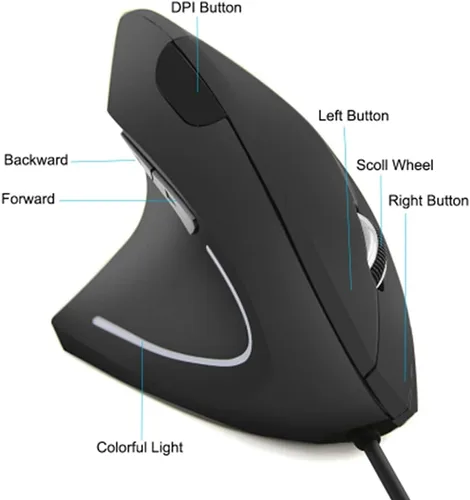 Vista 4 de Ratón ergonómico vertical con cable USB, mouse óptico para zurdos, 3 DPI ajustables 800/1200/1600, 6 botones programables, mouse universal