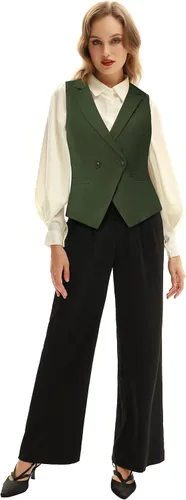 Vista 2 de Belle Poque Chaleco de doble botonadura para mujer con cuello de solapa vintage con 2 bolsillos