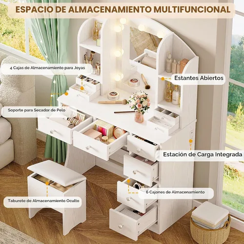 Vista 5 de IRONCK Escritorio de tocador con espejo y luces, mesa de tocador de maquillaje con 10 cajones, organizador de joyas, toma de corriente, taburete