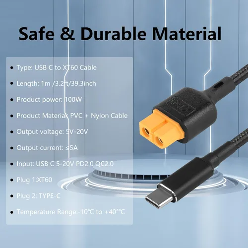 Vista 3 de SinLoon Cable de carga tipo C a XT60 de 39.3 pulgadas USB C a XT60 hembra Cable adaptador para dron, modelo, energía de almacenamiento de energía