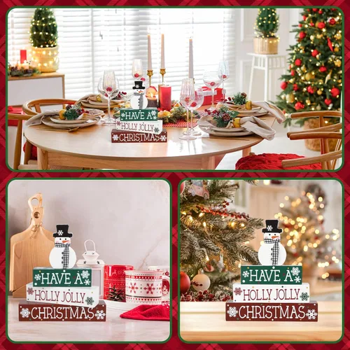 Vista 6 de 4 piezas de decoración de Navidad para interiores, letrero de muñeco de nieve de madera para mesa, centros de mesa, bloque de mesa de Navidad
