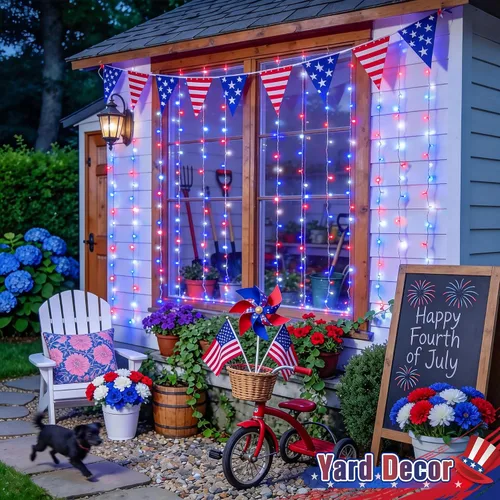 Vista 4 de JMEXSUSS 200 luces LED de cortina rojas, blancas y azules, 6.5 pies x 6.5 pies, 4 de julio, luces USB enchufables, 8 modos patrióticos de cortina