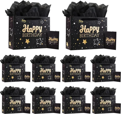 Vista 19 de Powbrace Bolsa de regalo de cumpleaños número 30 negra de 13 pulgadas con papel de seda y tarjeta de felicitación para fiestas, bolsa de regalo