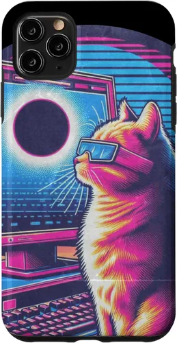 Vista 11 de iPhone 15 Cat Solar Eclipse - Synthwave Retro Poster Style Case
