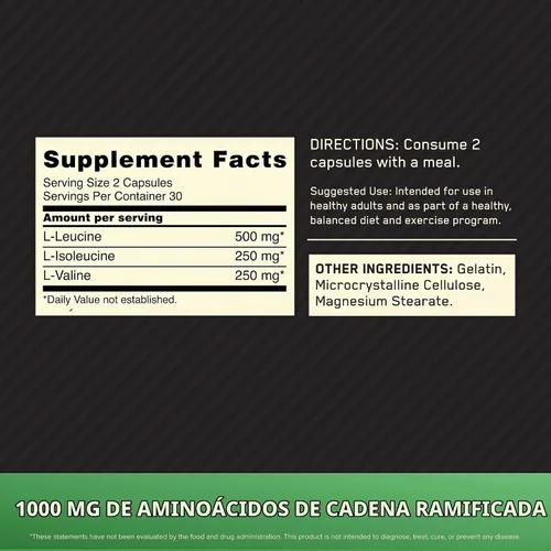 Vista 2 de Optimum Nutrition - Cápsulas de BCAA, aptas para dieta cetogénica, 1000 mg, 60 unidades Easy to Swallow Capsules, Branched Chain Amino Acid