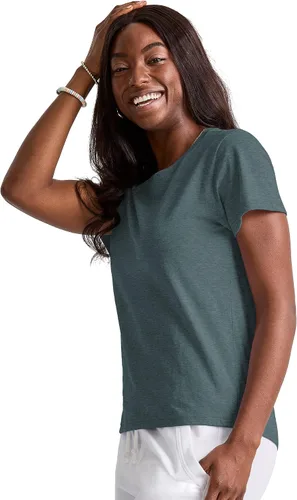 Vista 5 de Hanes Camiseta clásica de cuello redondo de triple mezcla para mujer, con dobladillo curvado, disponible en tallas grandes