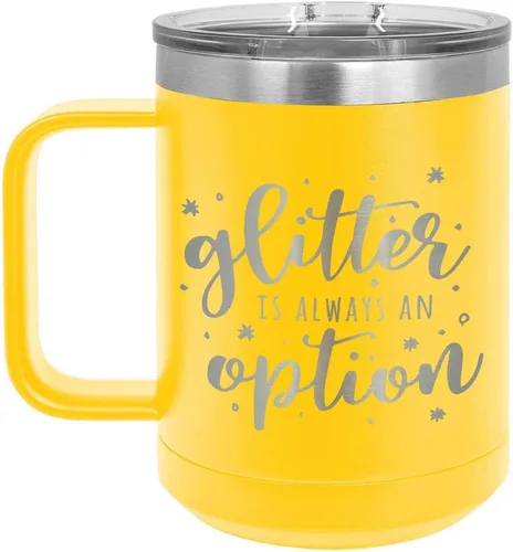Vista 12 de GLITTER IS SIEMPRE UNA OPCIÓN Negro Taza de café de 15 oz con tapa deslizante Taza de café de viaje con aislamiento Ideas de regalos