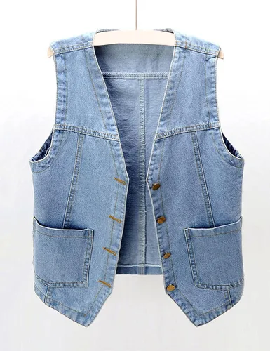 Vista 2 de Peaceglad Chaleco de mezclilla casual para mujer, cuello en V, parte delantera abierta, con botones, sin mangas, con bolsillos