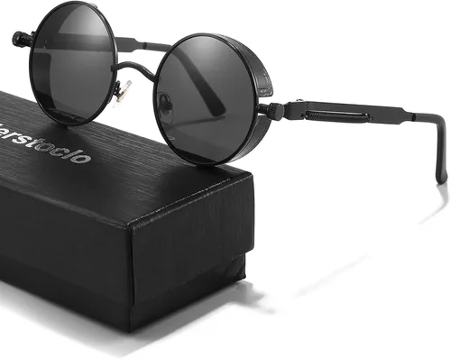 Vista 7 de Gafas de sol polarizadas Steampunk para hombres, estilo gótico redondo, marco circular de metal