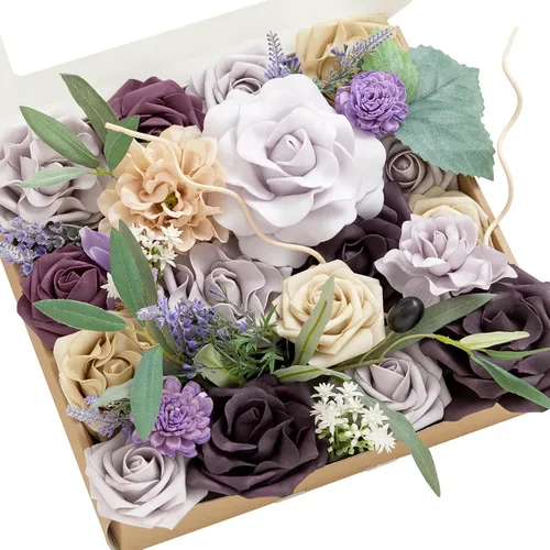 Vista 12 de Ling's moment Caja de flores artificiales, tallos de follaje artificial falso, rosas de espuma, dalia de seda, hierba de pampas, flor de tela