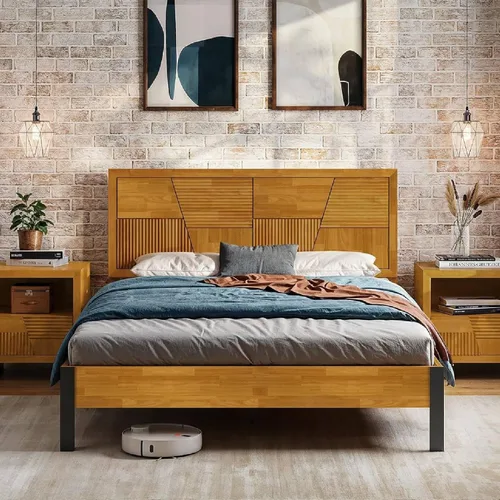Vista 15 de Estructura de cama Queen en forma de trapecio de Bme – Cama moderna de madera maciza con cabecero de patrón suave, patas de metal negro, acabado