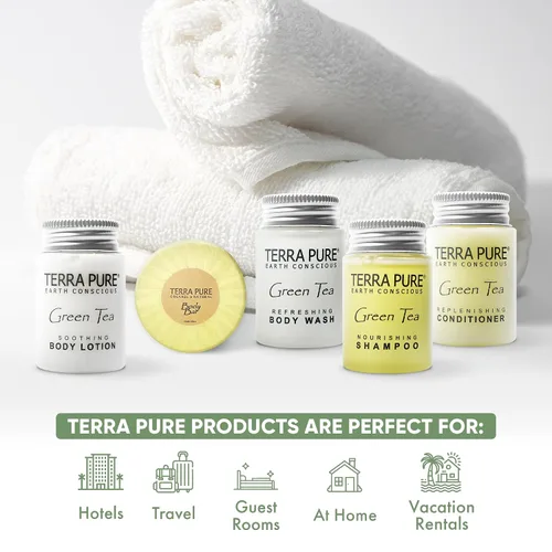 Vista 3 de Terra Pure Juego de jabones y artículos de tocador para hotel a granel Kit de amenidades 1-Shoppe Champú y acondicionador de 1 oz, gel de baño